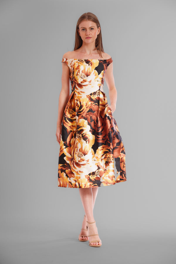 julia jordan OFF THE SHOULDER BOAT NECK EVENING DRESS GOLD