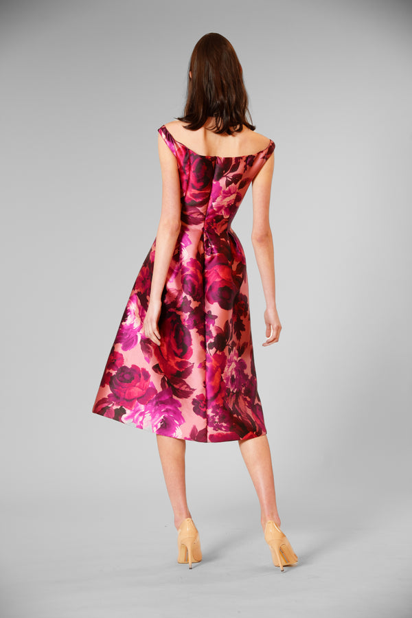 Julia Jordan OFF THE SHOULDER BOAT NECK EVENING DRESS PINK MULTI