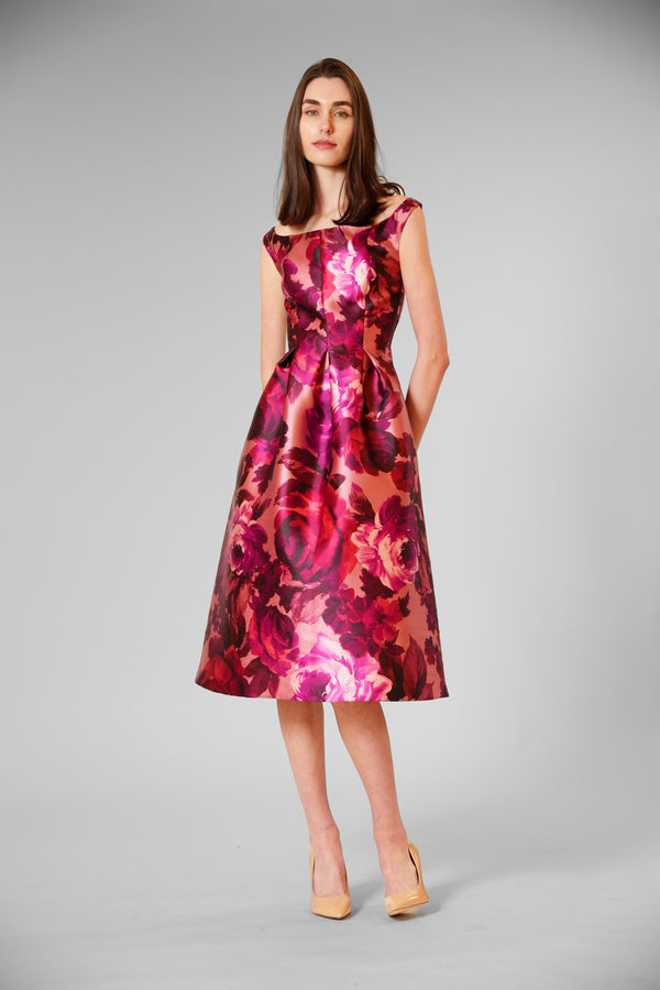 Julia Jordan OFF THE SHOULDER BOAT NECK EVENING DRESS PINK MULTI