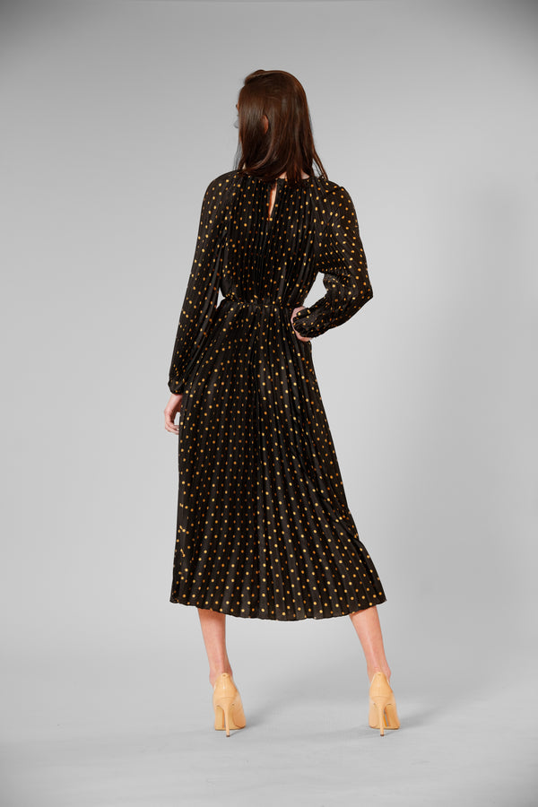 Julia Jordan PLEATED LONG SLEEVE WAIST TIE MAXI DRESS BLACK GOLD