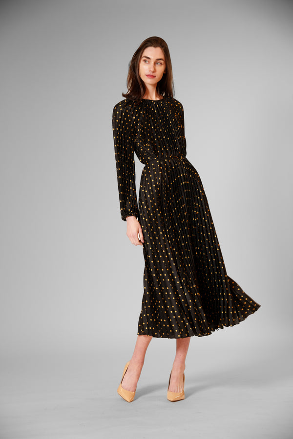 julia jordan PLEATED LONG SLEEVE WAIST TIE MAXI DRESS BLACK GOLD