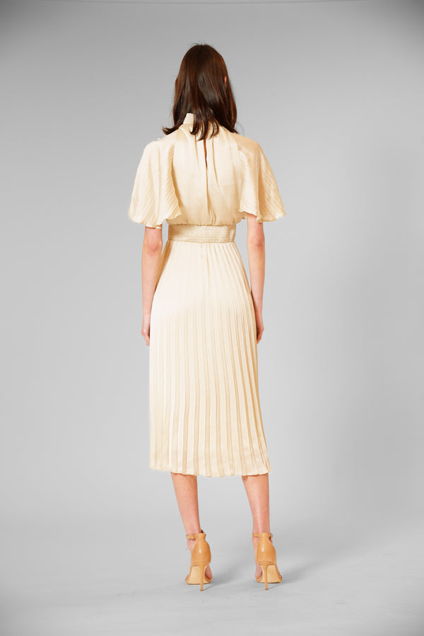 Julia Jordan PLEATED MOCK NECK FLUTTER SLEEVE MIDI DRESS CREAM