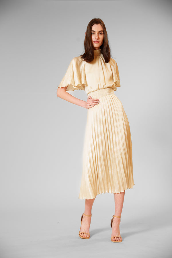 Julia Jordan PLEATED MOCK NECK FLUTTER SLEEVE MIDI DRESS CREAM