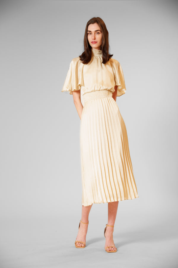julia jordan PLEATED MOCK NECK FLUTTER SLEEVE MIDI DRESS CREAM