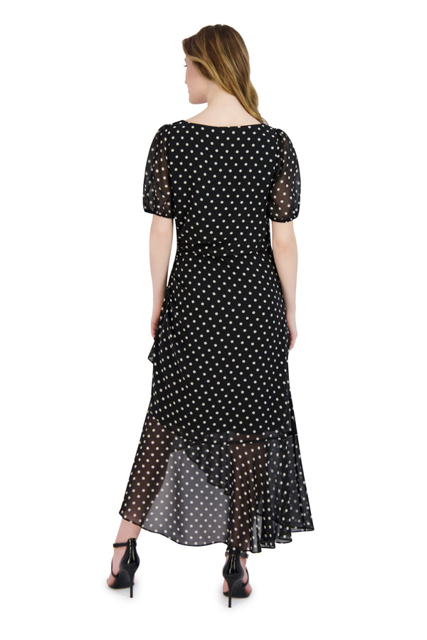 Julia Jordan Polka Dot Chiffon Side Ruched Dress Black White