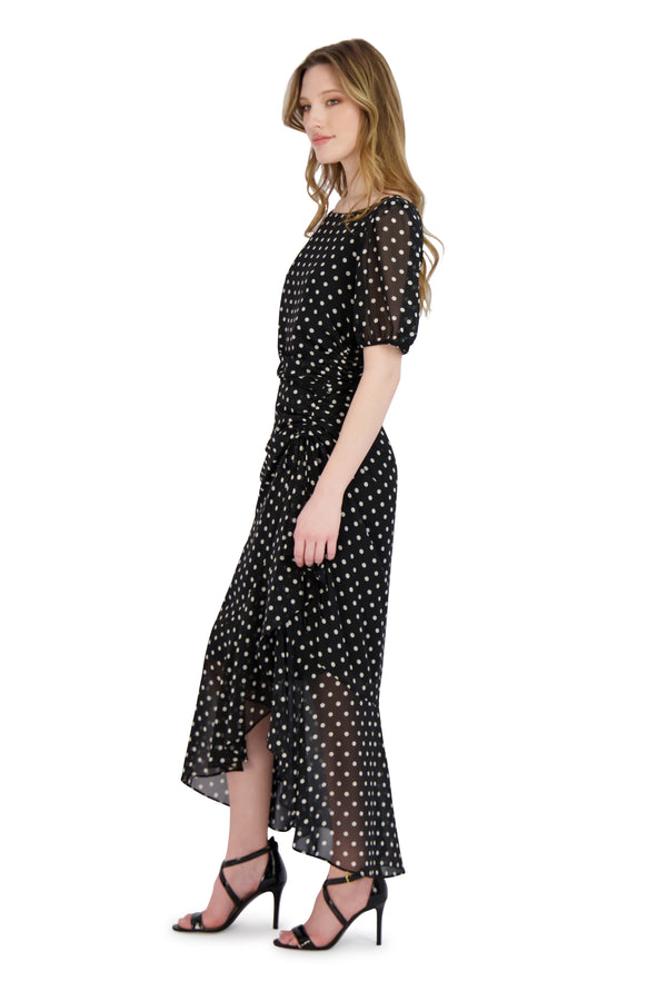 Julia Jordan Polka Dot Chiffon Side Ruched Dress Black White