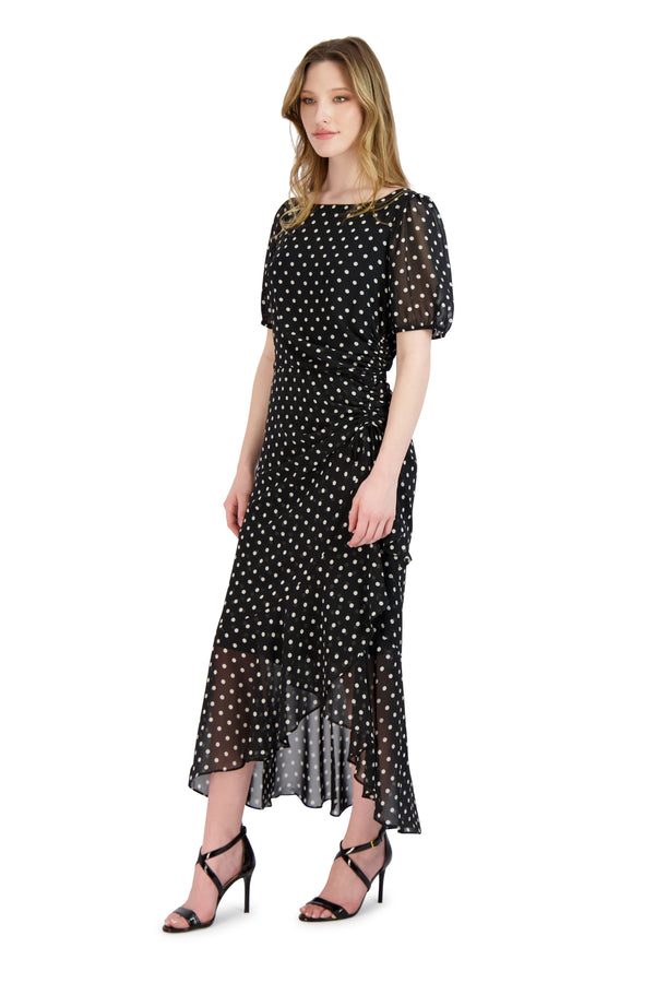 Julia Jordan Polka Dot Chiffon Side Ruched Dress Black White