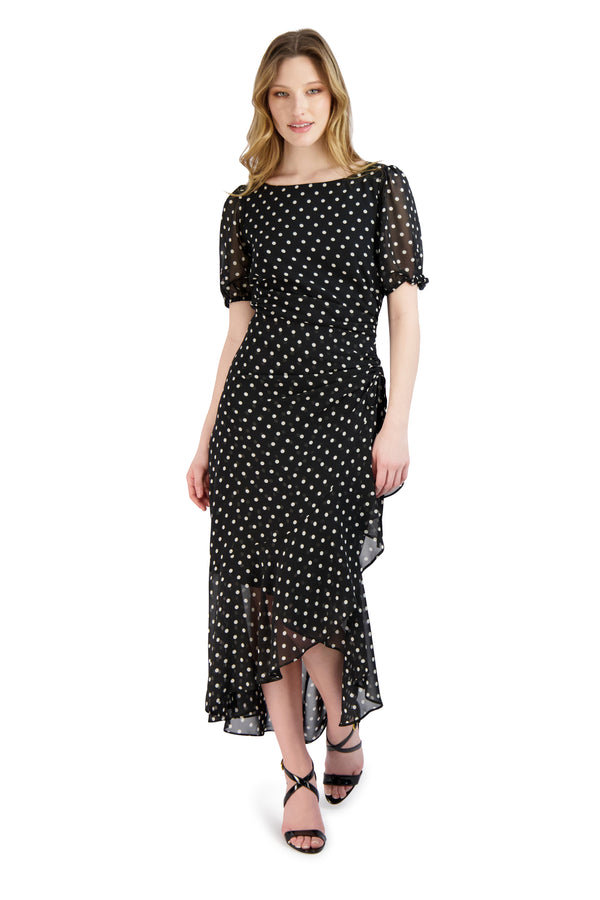 julia jordan Polka Dot Chiffon Side Ruched Dress Black White