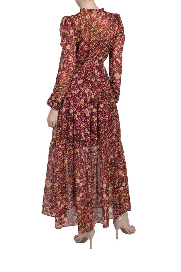 Julia Jordan PRINTED LONG SLEEVE TIE NECK MAXI DRESS RED MULTI