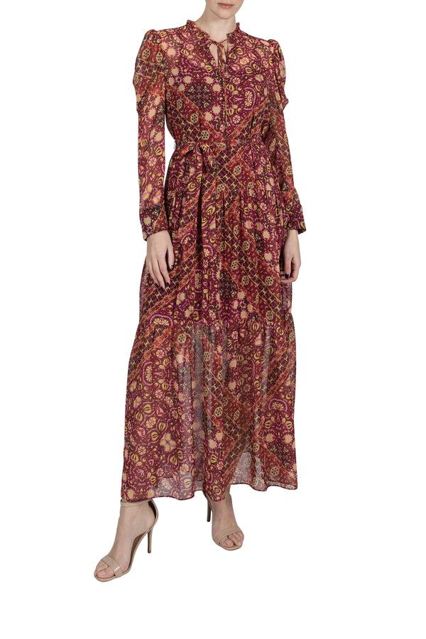 Julia Jordan PRINTED LONG SLEEVE TIE NECK MAXI DRESS RED MULTI