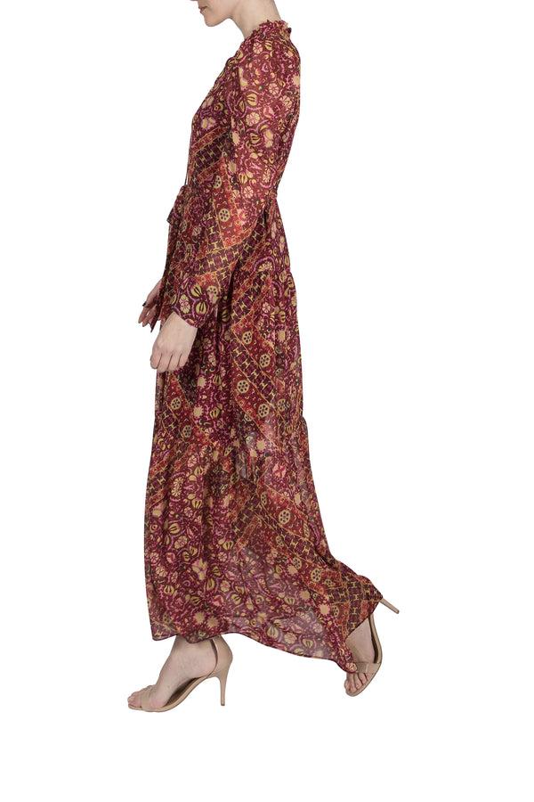Julia Jordan PRINTED LONG SLEEVE TIE NECK MAXI DRESS RED MULTI