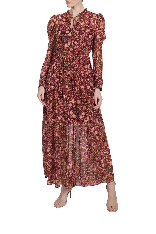 julia jordan PRINTED LONG SLEEVE TIE NECK MAXI DRESS RED MULTI