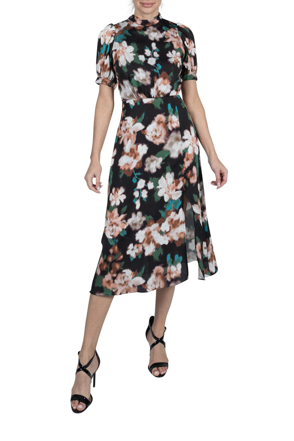 julia jordan PRINTED MOCK NECK SHORT SLEEVE DRESS BLACK MULTI