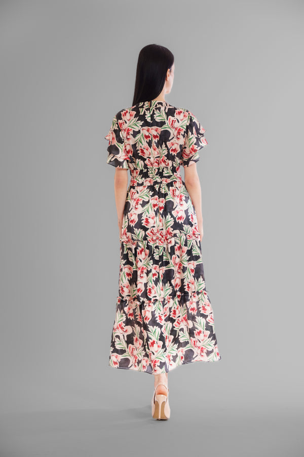 Julia Jordan PRINTED SHORT SLEEVE V NECK MAXI DRESS BLACK MULTI