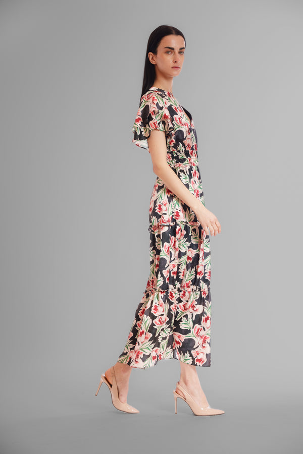 Julia Jordan PRINTED SHORT SLEEVE V NECK MAXI DRESS BLACK MULTI