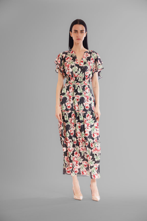 Julia Jordan PRINTED SHORT SLEEVE V NECK MAXI DRESS BLACK MULTI