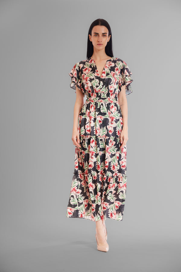 julia jordan PRINTED SHORT SLEEVE V NECK MAXI DRESS BLACK MULTI