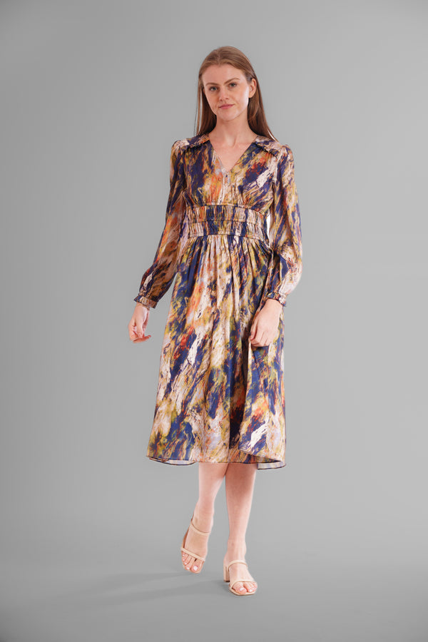 Julia Jordan PRINTED V NECK LONG SLEEVE DRESS NAVY GREEN