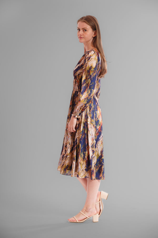 Julia Jordan PRINTED V NECK LONG SLEEVE DRESS NAVY GREEN