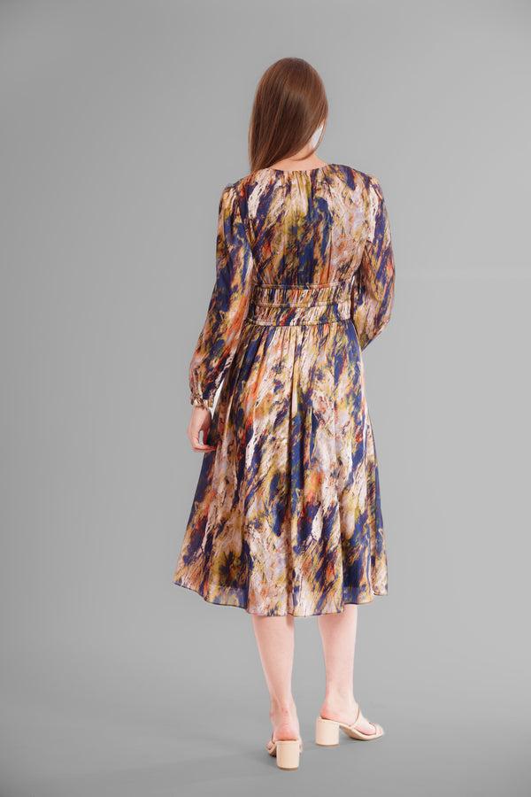 Julia Jordan PRINTED V NECK LONG SLEEVE DRESS NAVY GREEN