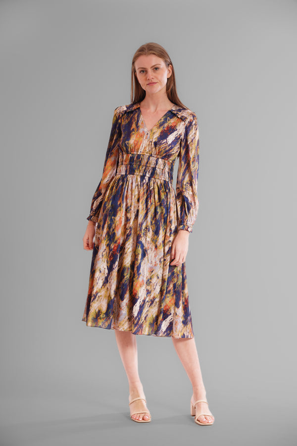 julia jordan PRINTED V NECK LONG SLEEVE DRESS NAVY GREEN