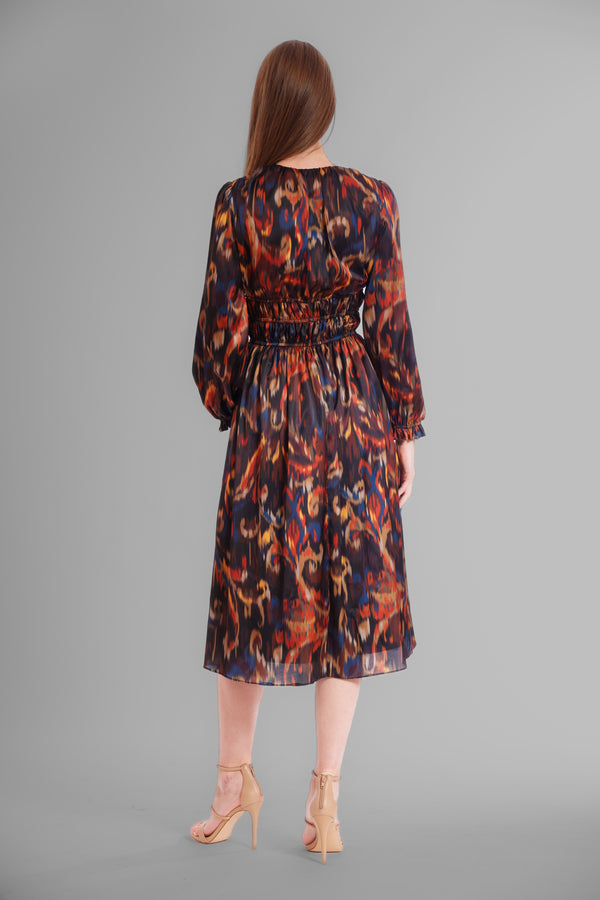 Julia Jordan PRINTED V NECK LONG SLEEVE SATIN DRESS ORANGE MULTI