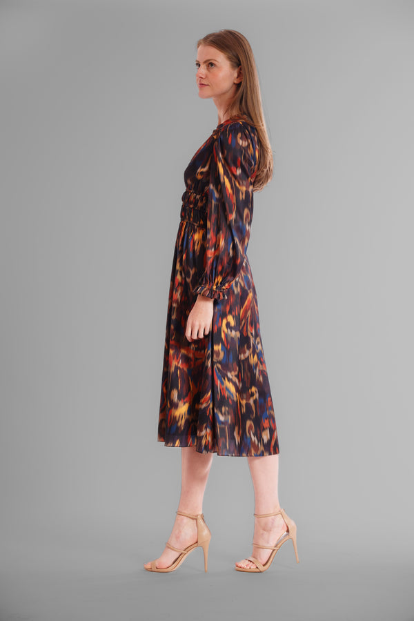 Julia Jordan PRINTED V NECK LONG SLEEVE SATIN DRESS ORANGE MULTI