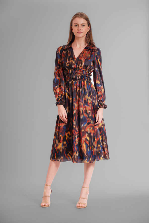 Julia Jordan PRINTED V NECK LONG SLEEVE SATIN DRESS ORANGE MULTI