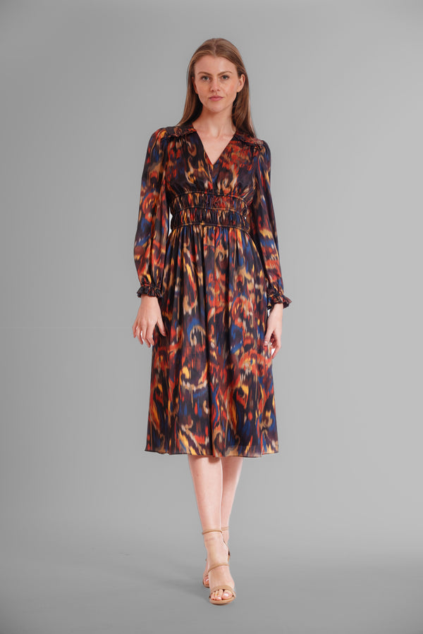 julia jordan PRINTED V NECK LONG SLEEVE SATIN DRESS ORANGE MULTI
