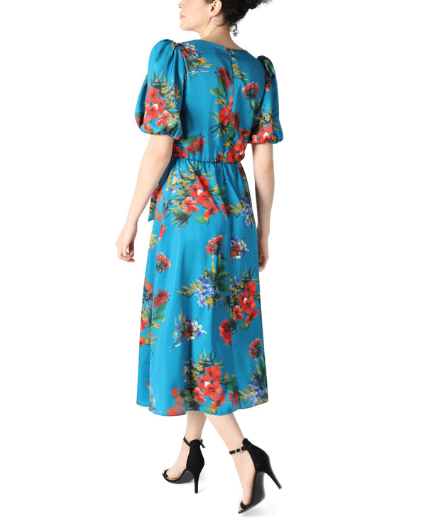 Julia Jordan PUFF SLEEVE FRONT TIE MIDI DRESS Teal Multi
