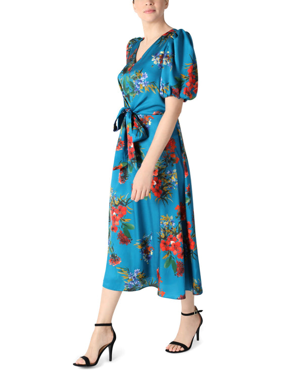 Julia Jordan PUFF SLEEVE FRONT TIE MIDI DRESS Teal Multi