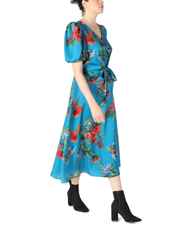 Julia Jordan PUFF SLEEVE FRONT TIE MIDI DRESS Teal Multi