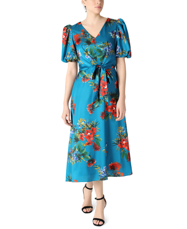 julia jordan PUFF SLEEVE FRONT TIE MIDI DRESS Teal Multi