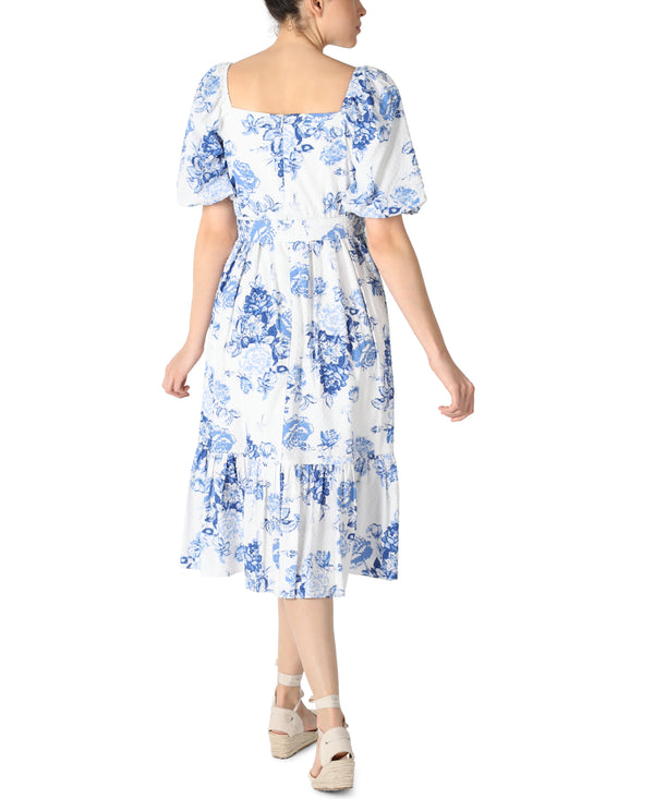 Julia Jordan Puff Sleeve Square Neck Dress Ivory Blue