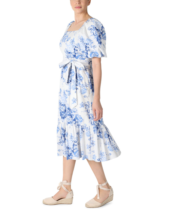 Julia Jordan Puff Sleeve Square Neck Dress Ivory Blue