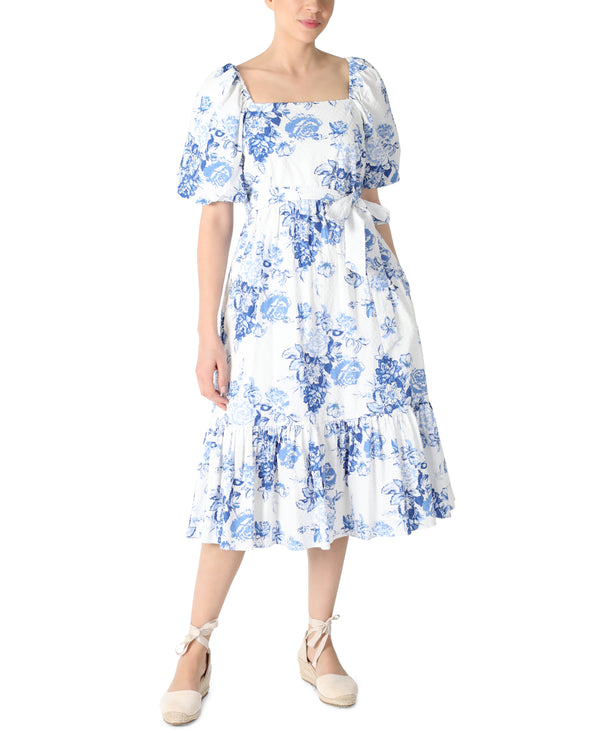 julia jordan Puff Sleeve Square Neck Dress Ivory Blue