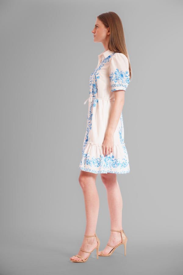 Julia Jordan PUFFED SHORT SLEEVE COLLARED SHIRT DRESS IVORY/BLUE