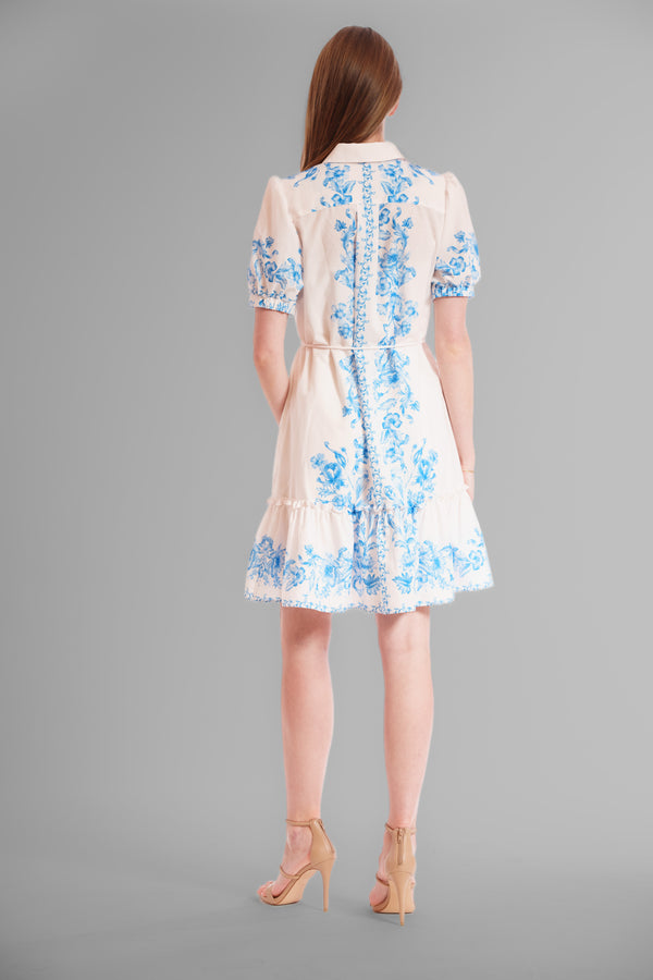 Julia Jordan PUFFED SHORT SLEEVE COLLARED SHIRT DRESS IVORY/BLUE