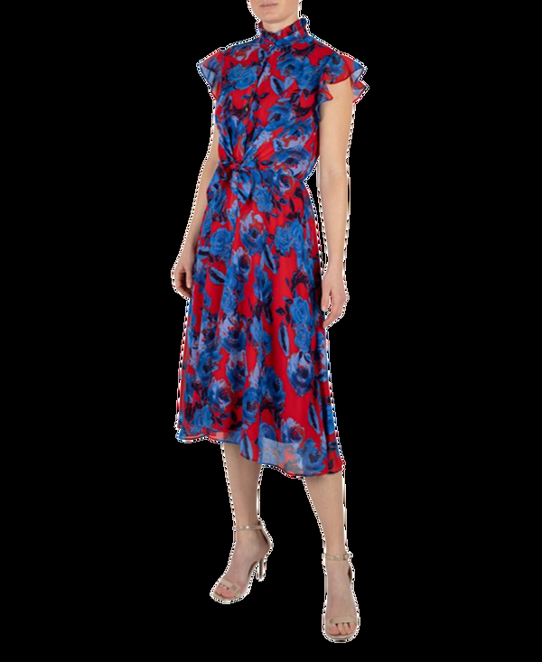 Julia Jordan Red And Cobalt Chiffon Tie Front Shirt Dress Red Multi