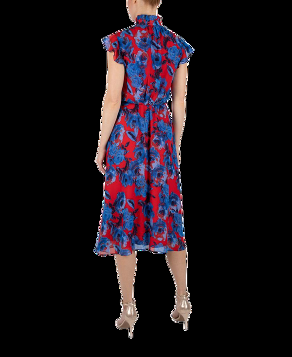 Julia Jordan Red And Cobalt Chiffon Tie Front Shirt Dress Red Multi