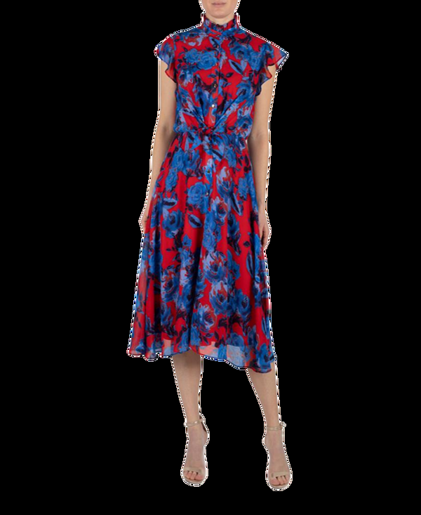 julia jordan Red and Cobalt Chiffon Tie Front Shirt Dress Red Multi