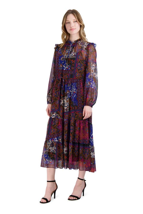 Julia Jordan Ruffle Drawstring Midi Dress Black Multi