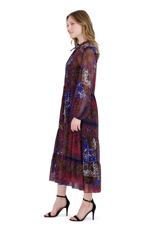 Julia Jordan Ruffle Drawstring Midi Dress Black Multi