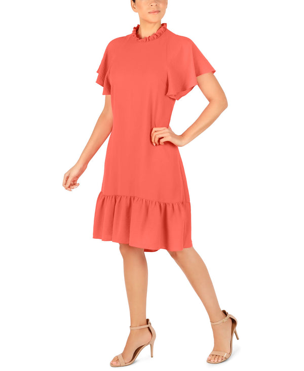 Julia Jordan RUFFLE NECK AND SLEEVE SHORT DRESS Coral