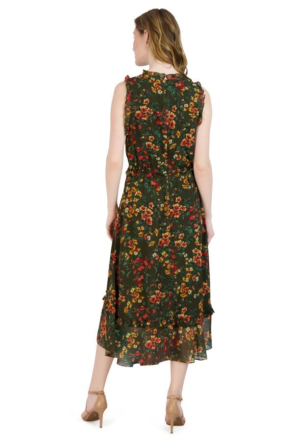 Julia Jordan Ruffle Neck Sleeve Hem Dress Olive Multi