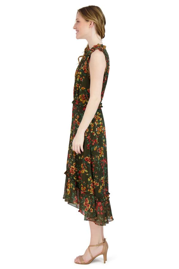 Julia Jordan Ruffle Neck Sleeve Hem Dress Olive Multi