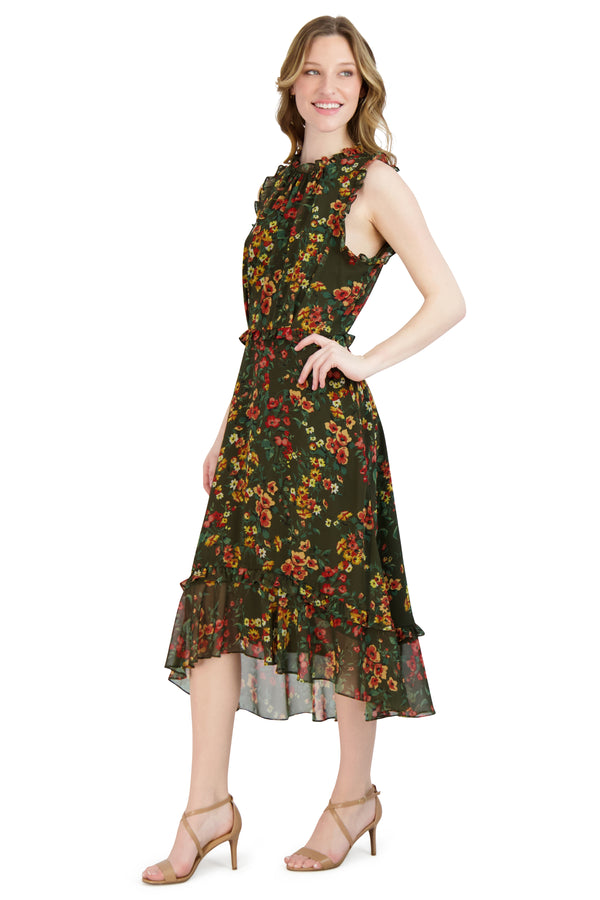 Julia Jordan Ruffle Neck Sleeve Hem Dress Olive Multi