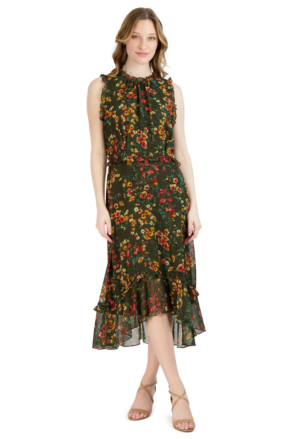 julia jordan Ruffle Neck Sleeve Hem Dress Olive Multi