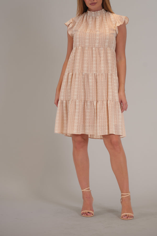 Julia Jordan RUFFLE SLV EMBROIDRD SHORT DRESS BEIGE/IVORY