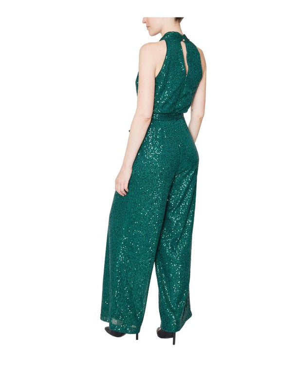 Julia Jordan Sequins Halter Sash Waist Jumpsuit Hunter